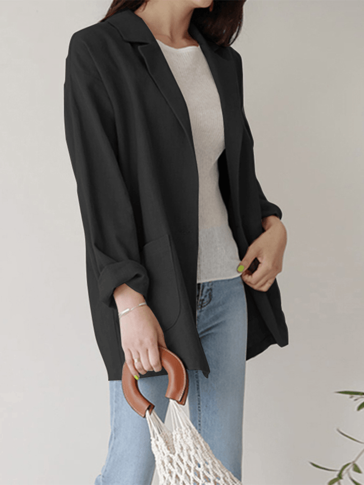 Women Plain Turn-Down Collar Casual Stylish Long Sleeve Blazer with Pockets - MRSLM