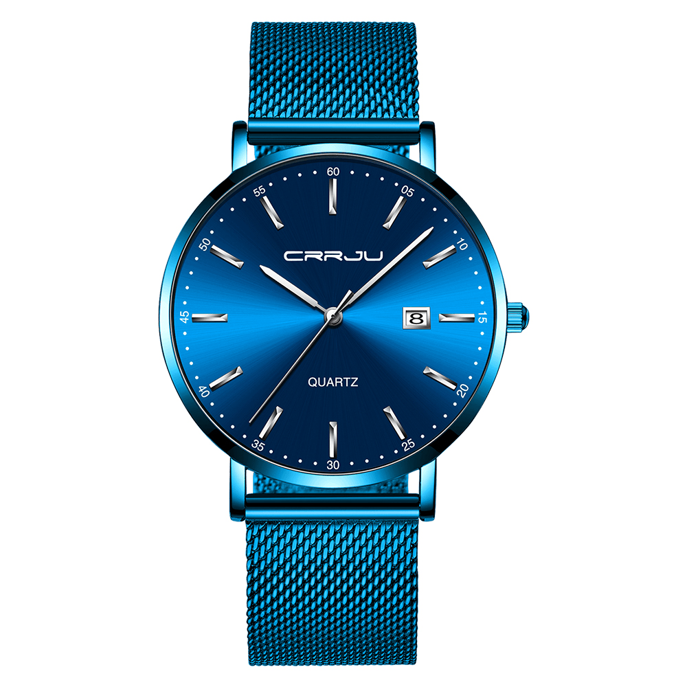 CRRJU 2161 Business Style Date Display Luxury Blue Dial Full Steel Strap Men Quartz Watch - MRSLM