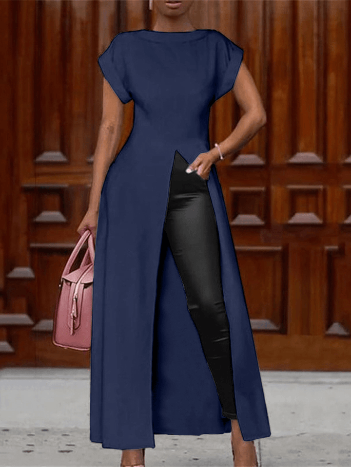 Women Solid Color Split Front Long Hem Loose Casual Short Sleeve Blouse - MRSLM