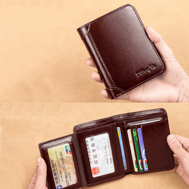 Men RFID Blocking Secure Wallet Fashion Vintage Purses Genuine Leather Tri-Fold Wallet Short Wallet - MRSLM
