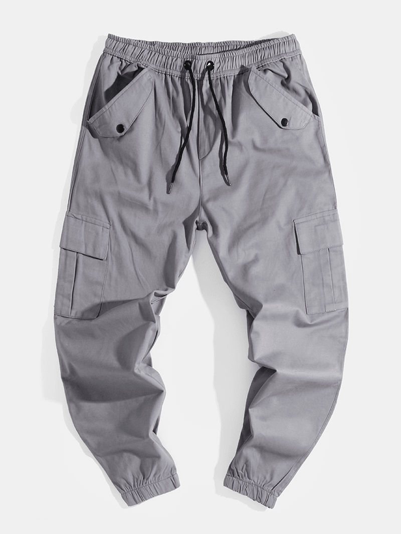 Mens Solid Color Drawstring Mid Waist Overalls Pocket Cargo Pants - MRSLM