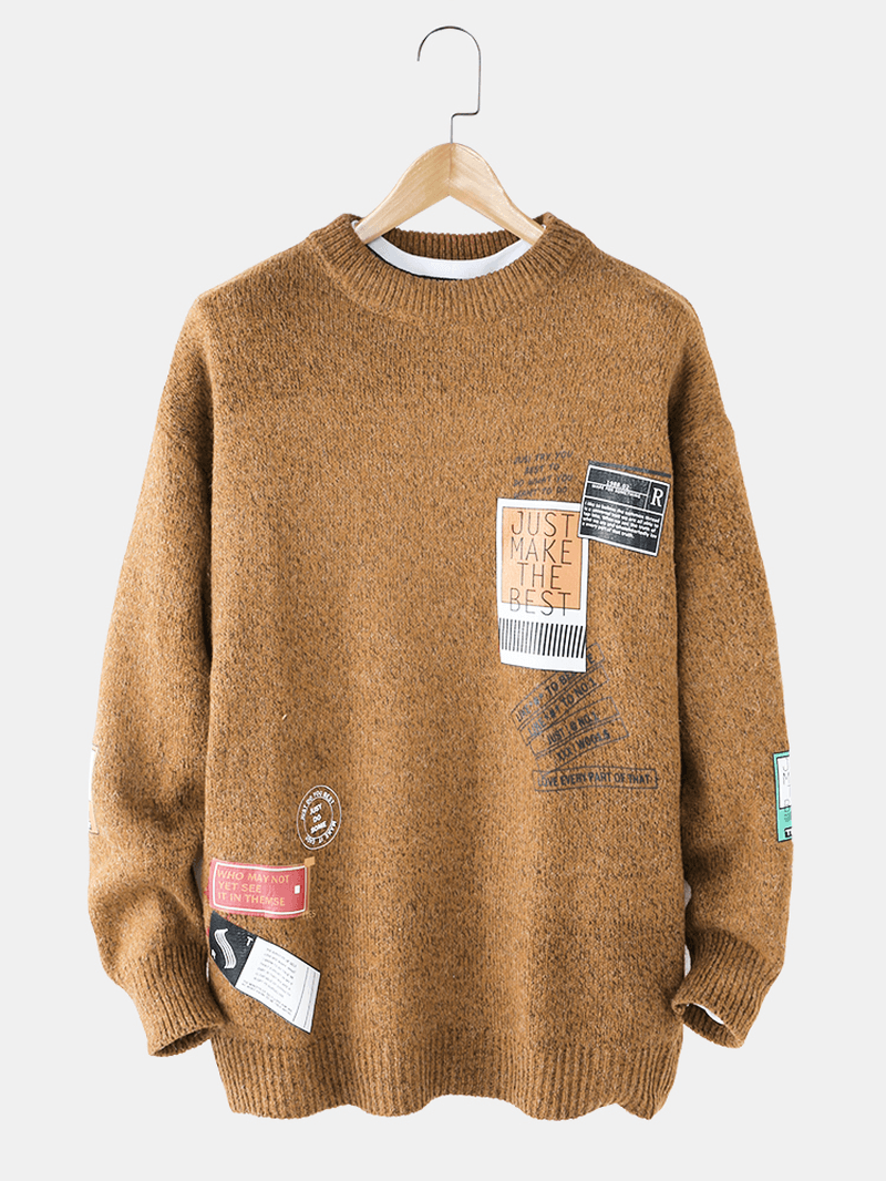 Mens Letter Label Print round Neck Drop Shoulder Pullover Knitted Sweaters - MRSLM