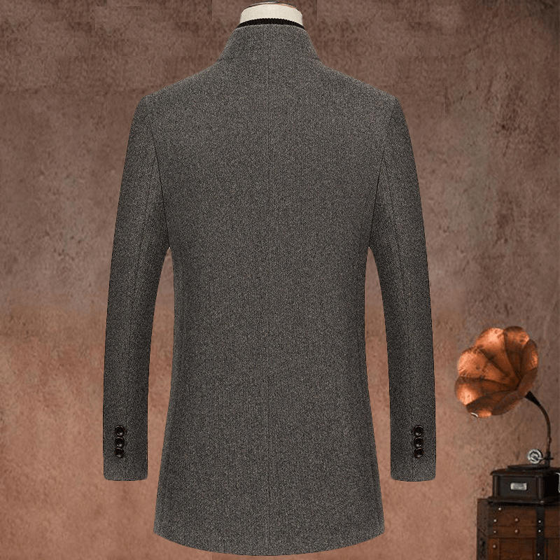 Stand up Collar Mid Length Woolen Slim Fit Wool Coat - MRSLM
