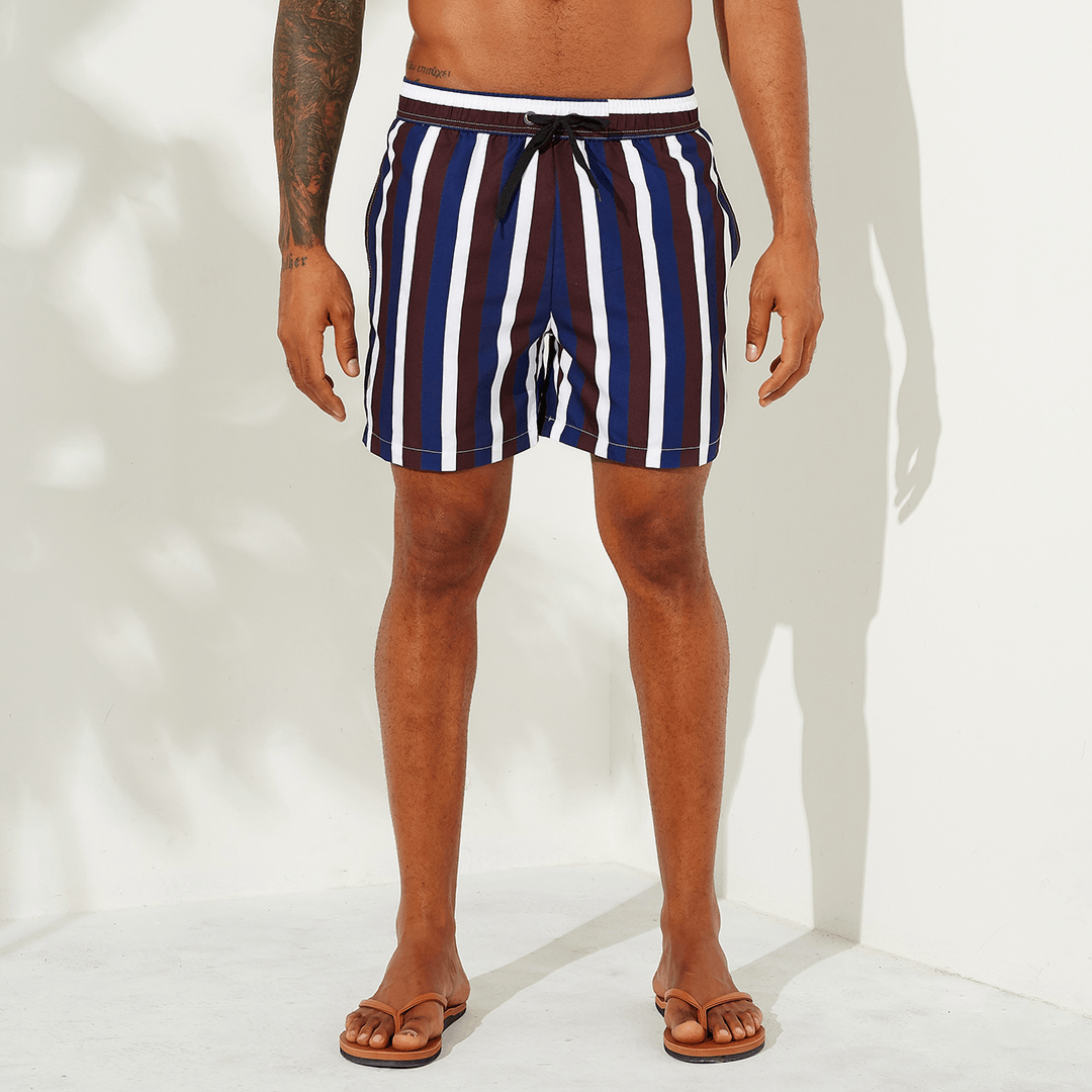 Men Multi Color Stripe Swim Shorts Quick Drying Mesh Liner Casual Shorts - MRSLM