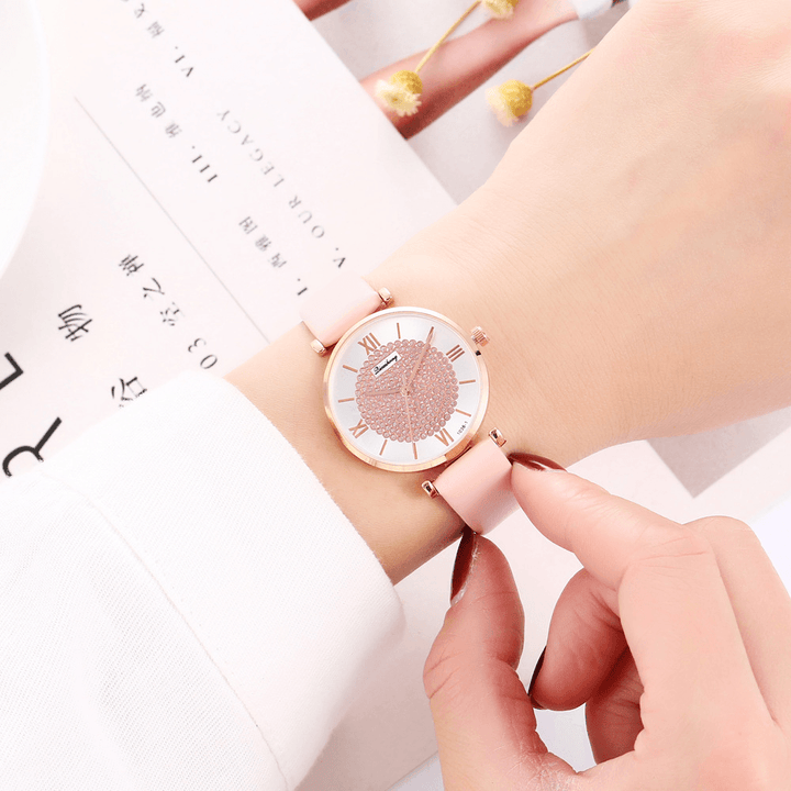 Deffrun Roman Number Crystal Elegant Design Ladies Watch Leather Band Quartz Watches - MRSLM