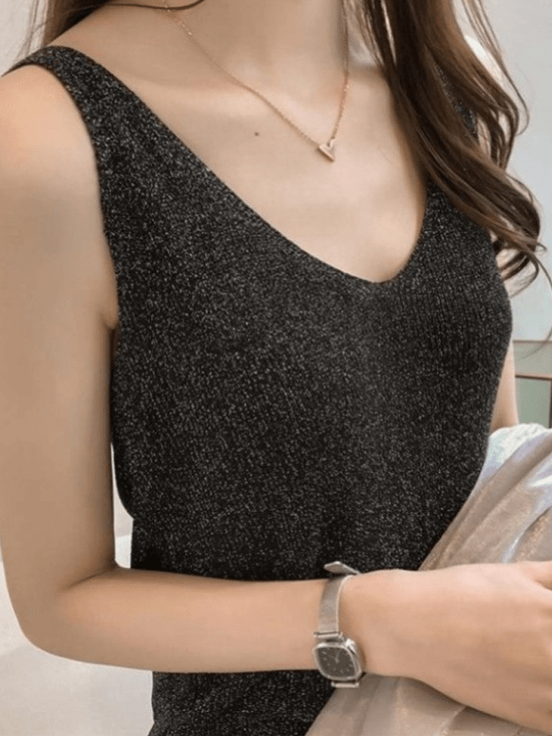 Women Solid Color Bright Wire V-Neck Knit Slim Bottoming Tank Top - MRSLM