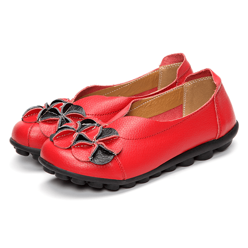 US Size 5-13 Women Flower Flat Shoes Casual Outdoor Leather Slip on round Toe Loafers - MRSLM