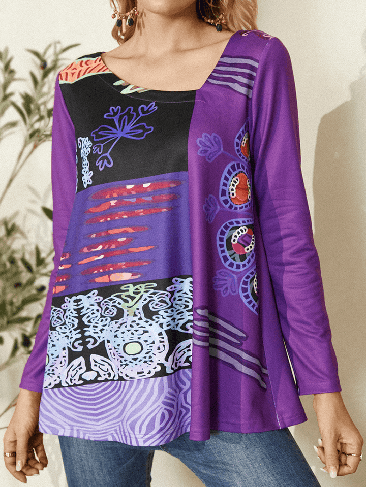 Women Abstract Print Asymmetrical Collar Long Sleeve Ethnic Style Blouse - MRSLM
