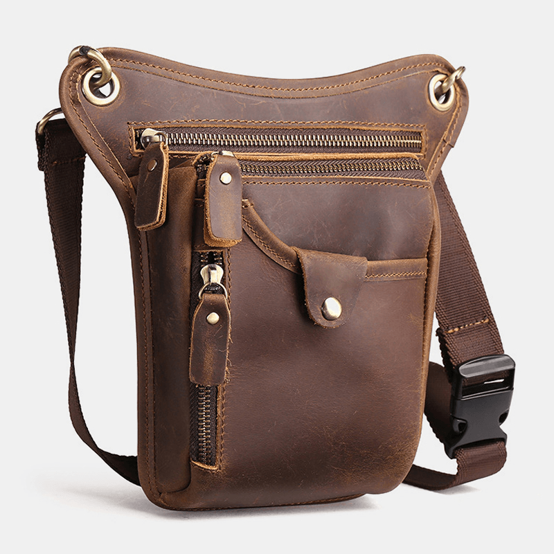 Men Retro Genuine Leather Multi-Pocket Waist Bag Outdoor Sport 6.5 Inch Phone Bag Zipper Crossbody Bags Shoulder Bag - MRSLM