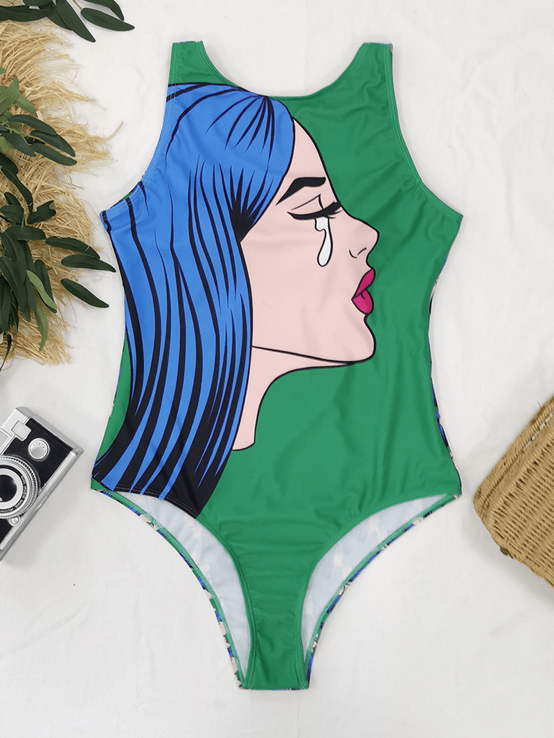 Abstract Figure Print Sleeveles Backless One-Piece Summer Beach Swimwear for Women - MRSLM