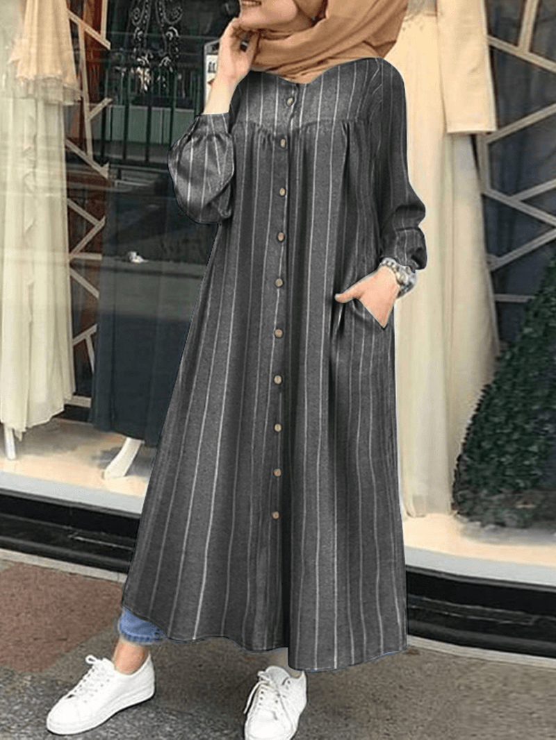 Women Casual Stripe Print Button Long Sleeve Side Pocket Shirt Maxi Dress - MRSLM