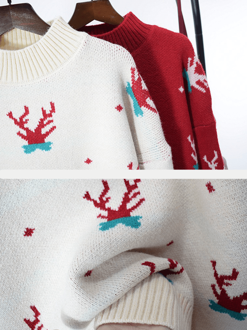 Women Rib-Knit Christmas Antlers Pattern Drop Shoulder Pullover Sweaters - MRSLM
