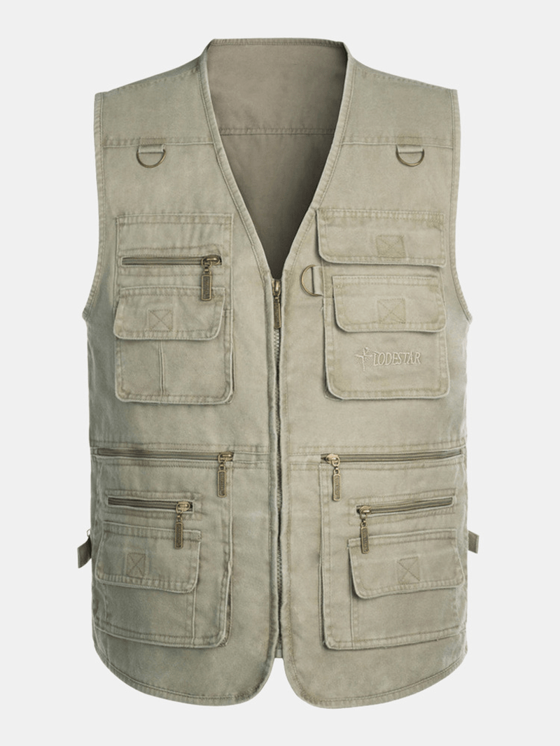 Men 100%Cotton Pure Solid Leisure Multi Pockets Outdoor Fishing Waistcoat Vests - MRSLM
