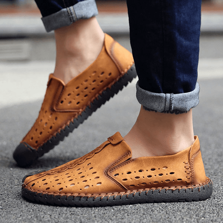Men Hand Stitching Hollow Out Slip on Casual Flats - MRSLM
