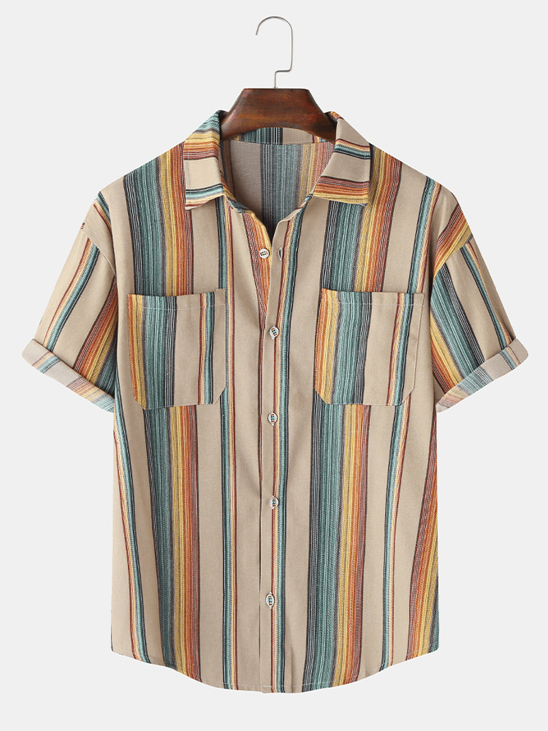 Mens Designer Gradient Colorful Stripe Double Pockets Short Sleeve Casual Shirts - MRSLM
