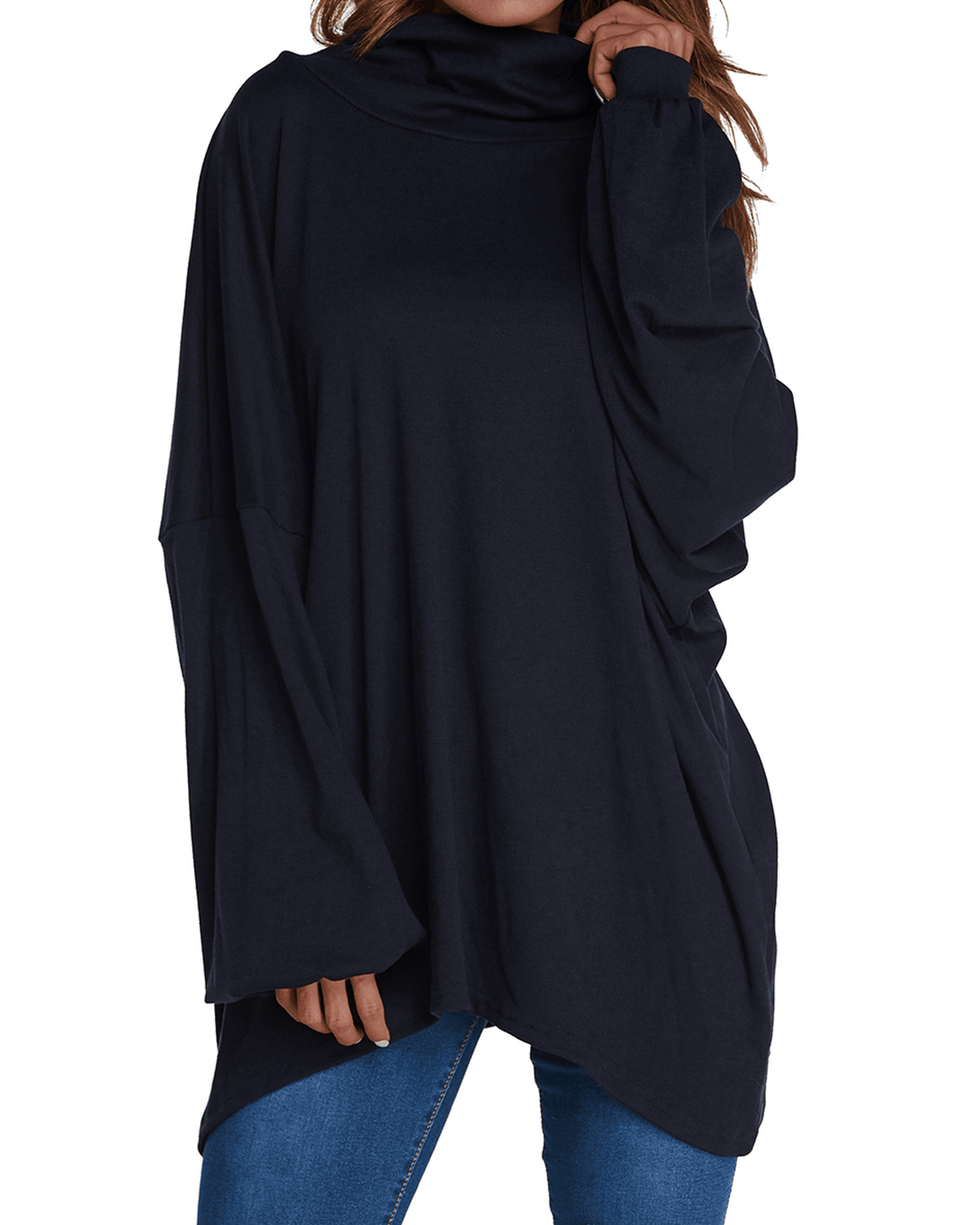 Women Long Sleeve Loose Pullover Tops Pure Color Turtleneck Blouse - MRSLM