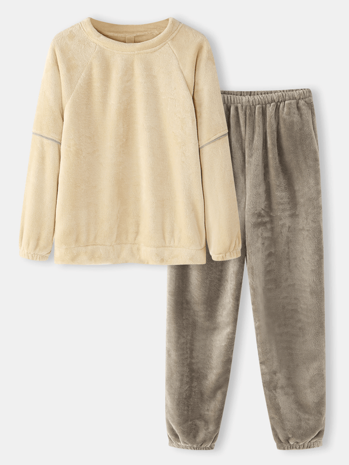 Women Solid Color Raglan Sleeves Coral Fleece Pocket Warm Home Pajama Set - MRSLM