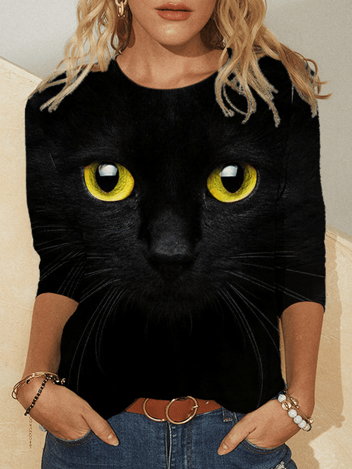 Women 3D Cat Print Long Sleeve Design T-Shirts - MRSLM