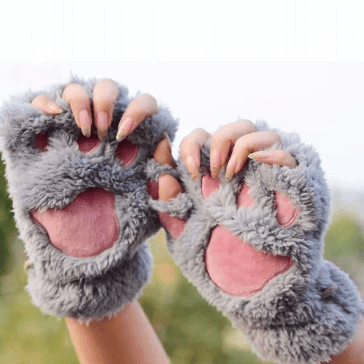 Women Girls Fluffy Plush Bear Cat Paw Fingerless Gloves Paw Glove Winter Warm Mittens - MRSLM