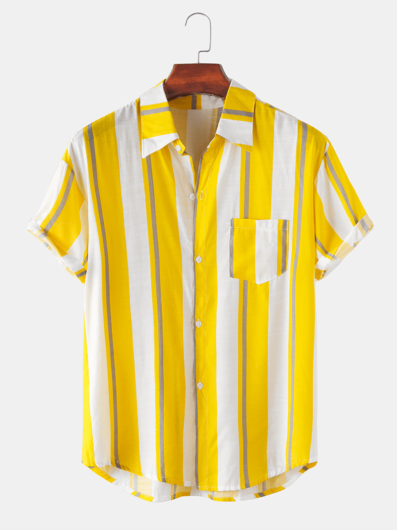Mens Thin & Light Cotton Stripe Print Holiday Short Sleeve Shirts - MRSLM