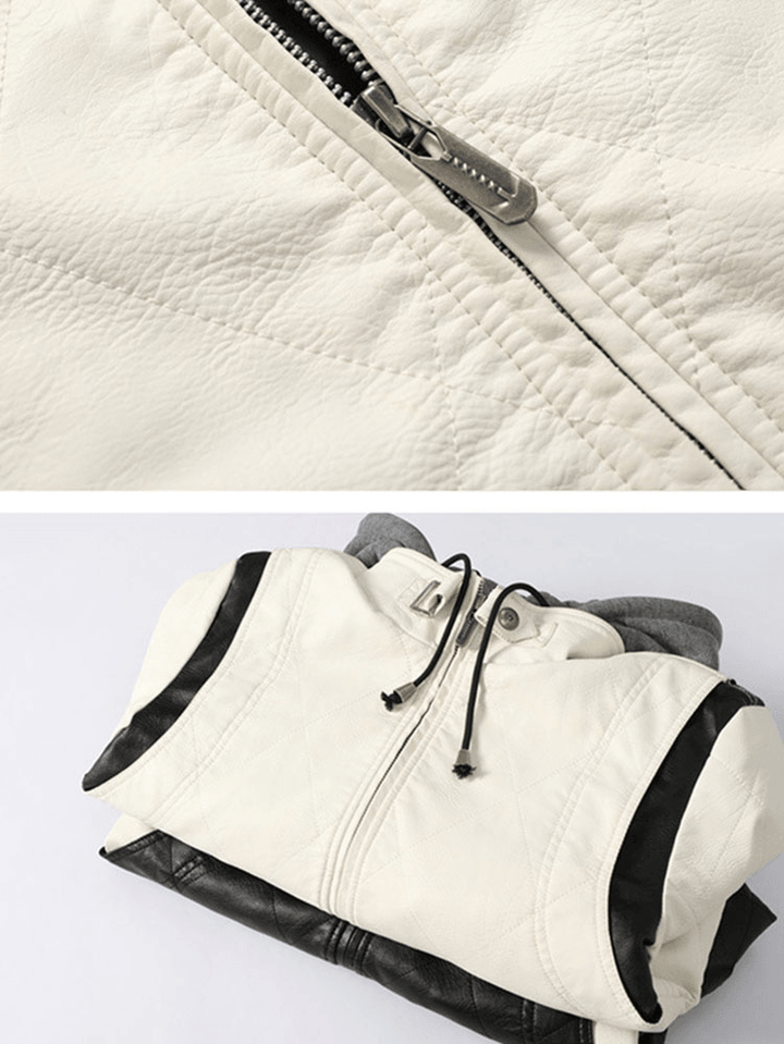 Mens Solid Color Drawstring Hooded Zipper Side Pocket Long Sleeve PU Jacket - MRSLM
