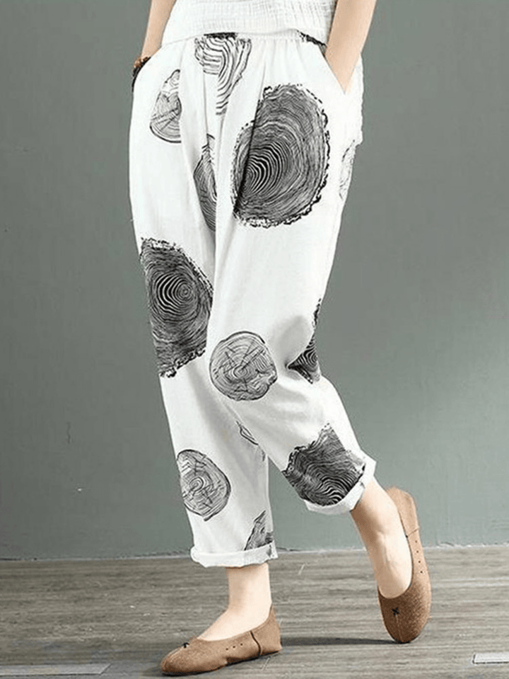 Women Cotton Wave Point Elastic Waist Side Pockets Trouser Pants - MRSLM