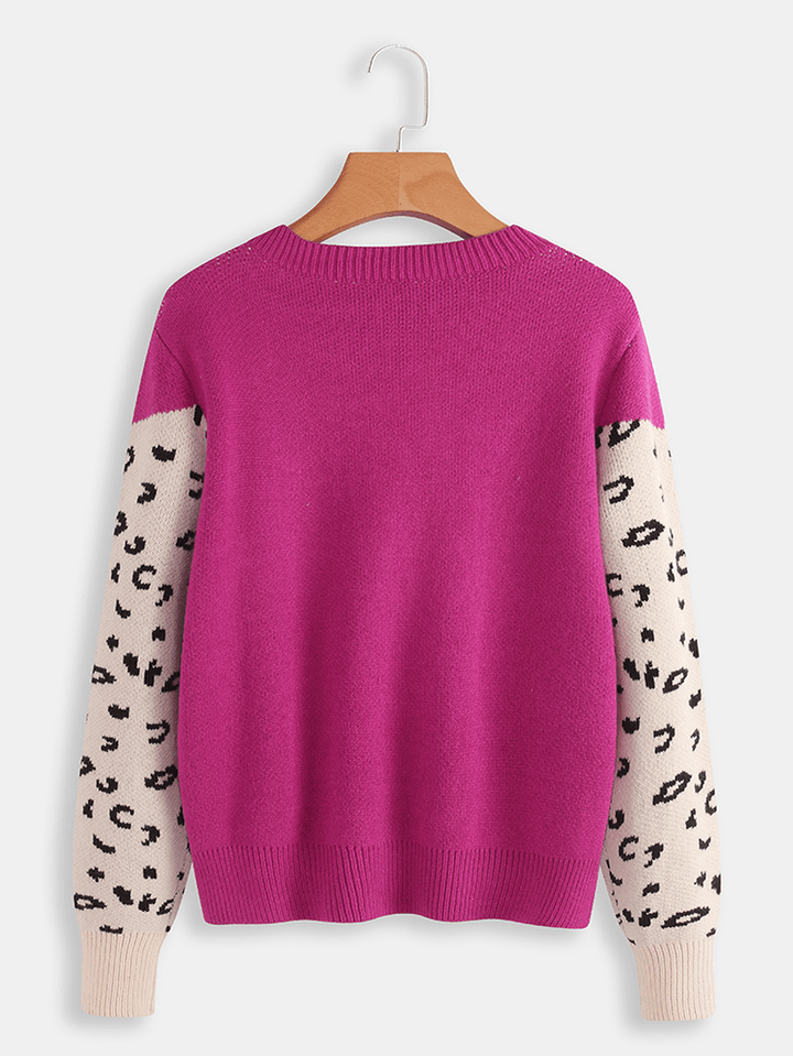 Women Leopard Print round Neck Long Sleeve Sweaters - MRSLM