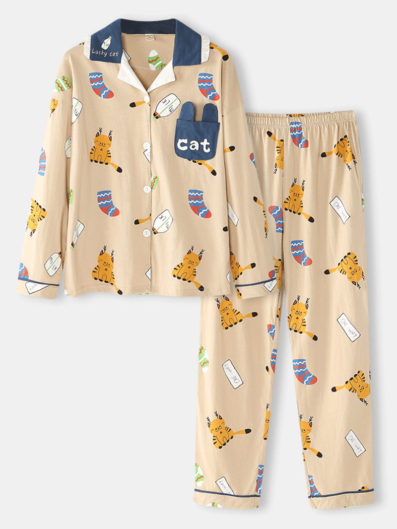 Women Cute Cartoon Cat Print Shirt Elastic Waist Pants Home Casual Pajama Set - MRSLM