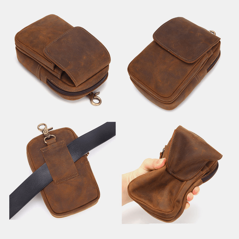 Men Genuine Leather Multi-Slots Retro Multifunctional Wallet Phone Bag Waist Bag - MRSLM