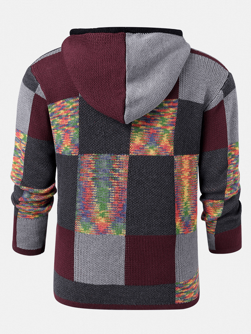 Mens Color Block Knitted Pocket Ethnic Style Sweater Hooded Cardigans - MRSLM