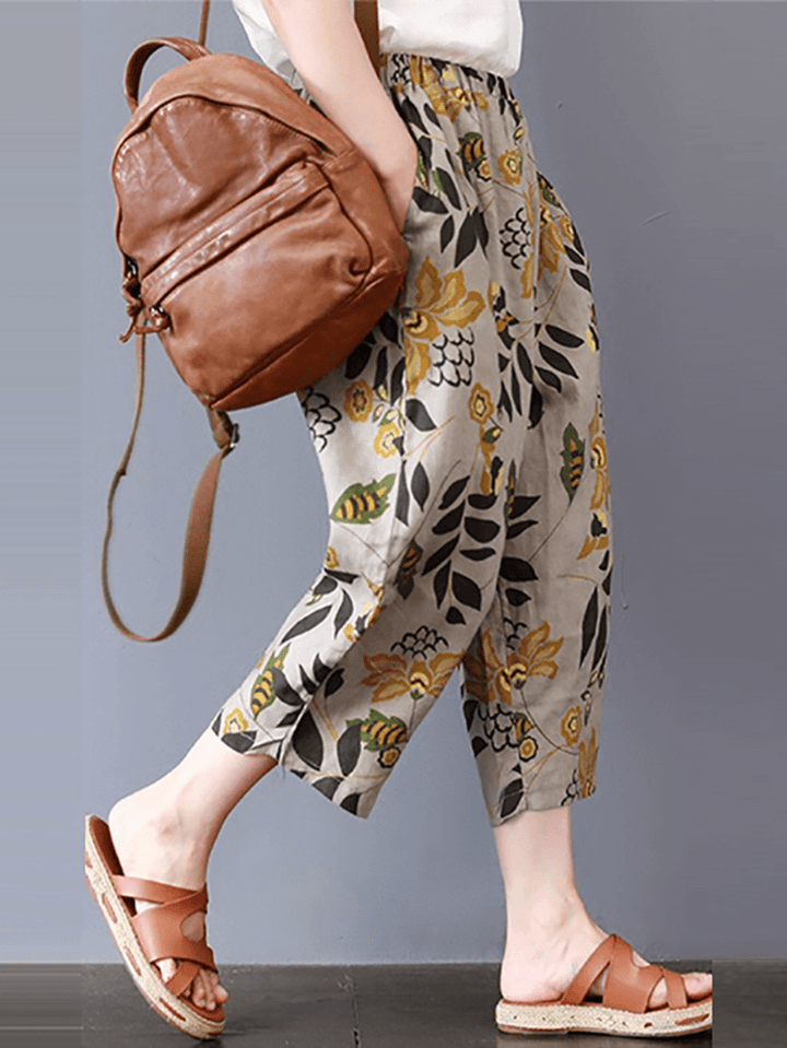 Vintage Women Floral Print Elastic Waist Pants with Pockets - MRSLM