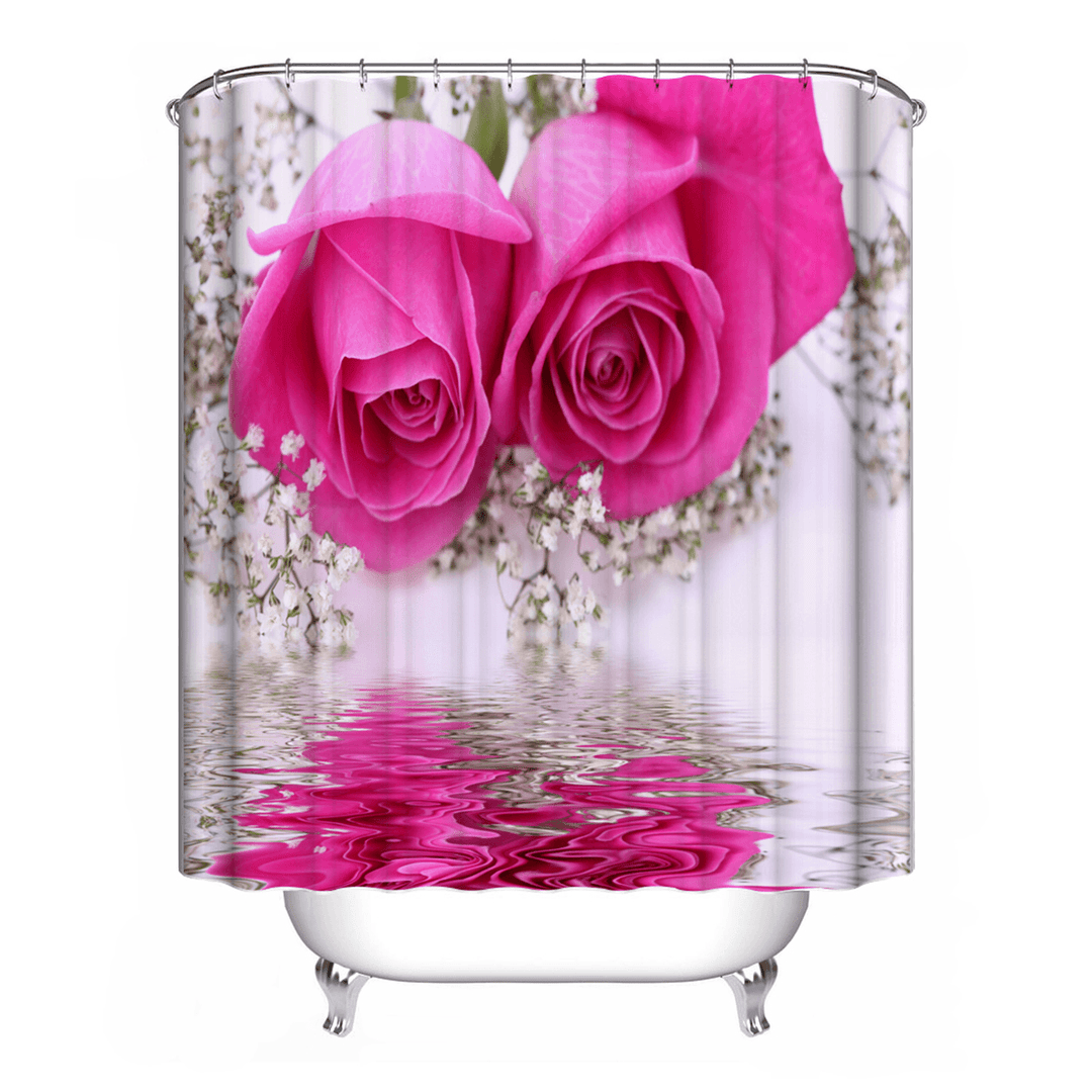 Pink Rose Waterproof Bathroom Shower Curtain Toilet Cover Bath Mat Pedestal Rug - MRSLM