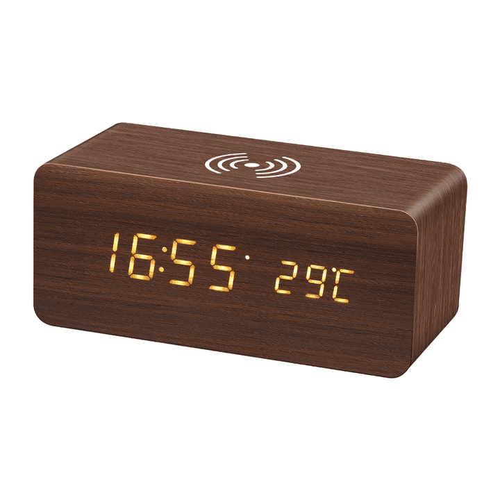 Digoo DG-AC80 LED 12/24 Hour Adjustable Display Wooden Clock Wirless Charging Voice Control Alarm Cl - MRSLM