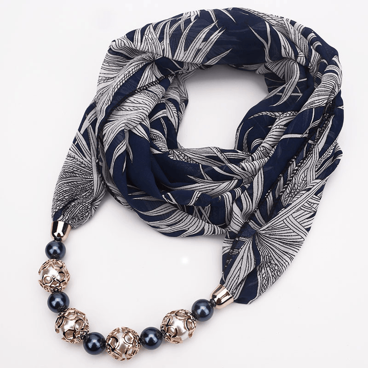 Print Alloy Pendant Scarf Beaded Pendant Scarfprinted Chiffon Necklace - MRSLM