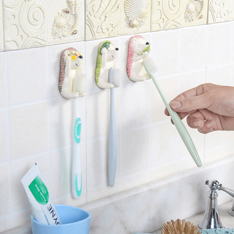 Honana Resin Shy Hedgehog Toothbrush Suction Holder Wall Mount Plug Socket Organizer Sundry Key Hook Wall Hanger - MRSLM