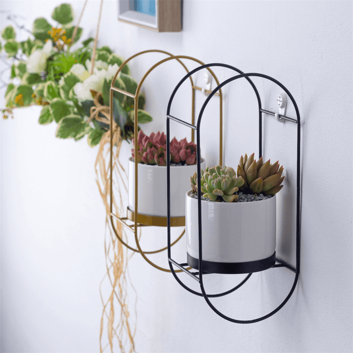 Bakeey Succulent Flower Pot Simple Wall-Mounted Oval Iron Frame Rround Combination Ceramic Flower Pot Iron Frame Flower Pot Set - MRSLM