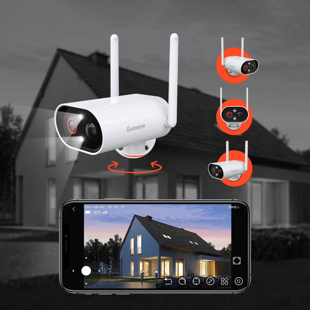 Guaseye 2K/3MP WIFI Outdoor Security Camera Solar Powered 25M Color Night Vision 180° Remote Pan-Tilt IP65 Waterproof Security Camera with Solar Panel and 32GB SD Card Included - MRSLM