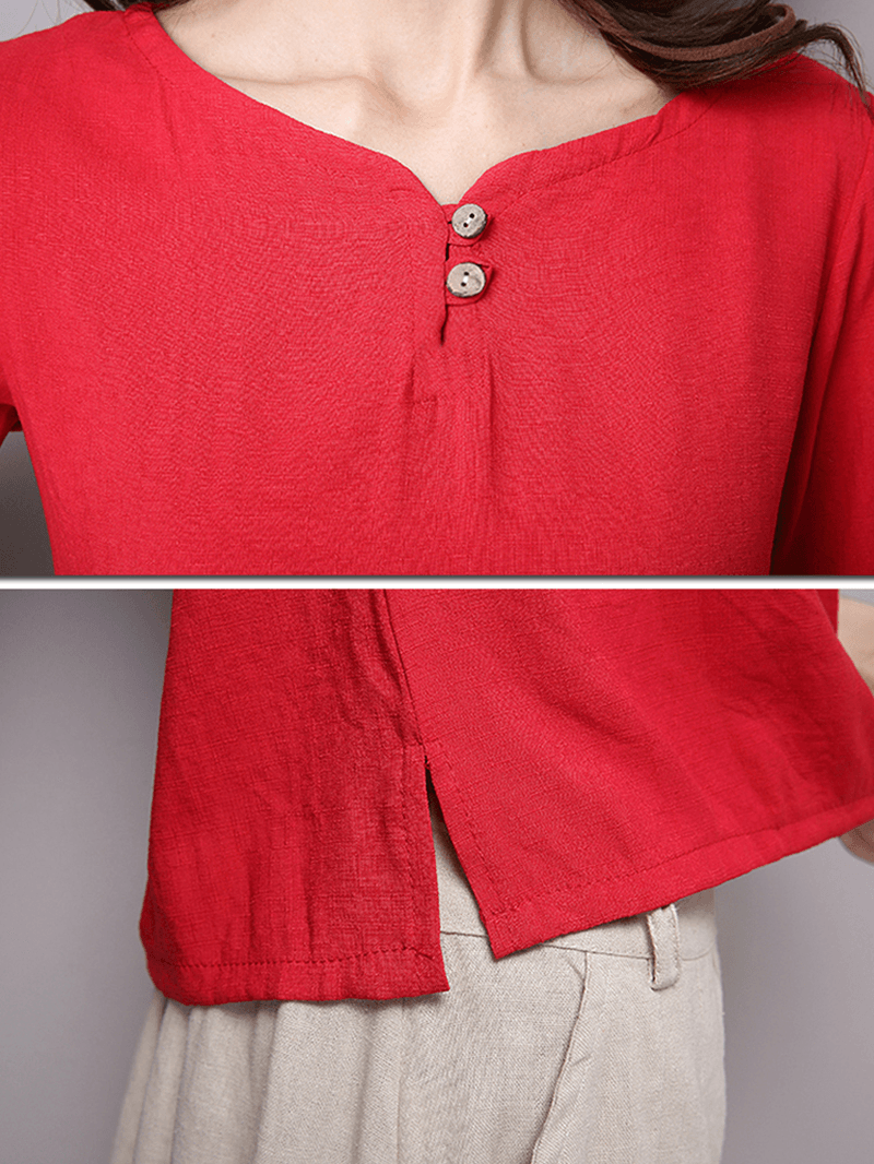 Vintage Women Button Loose Split Hem T-Shirts - MRSLM