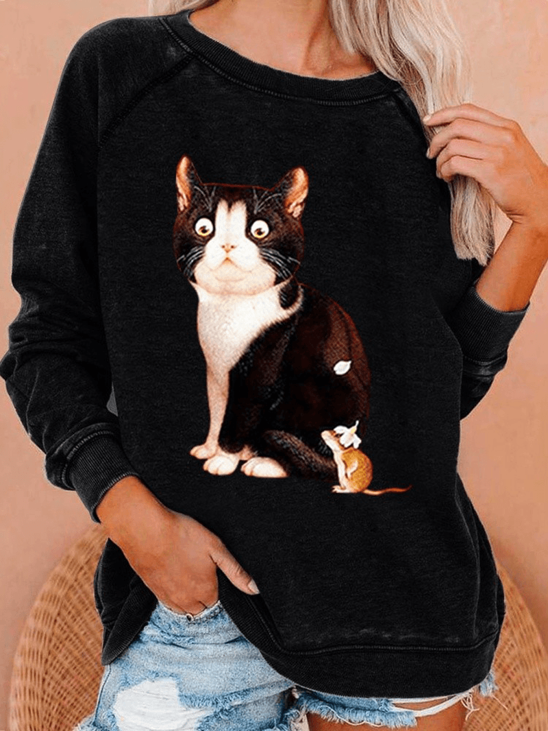 Women Cute Cat Graphics round Neck Casual Raglan Sleeve Sweatshirts - MRSLM