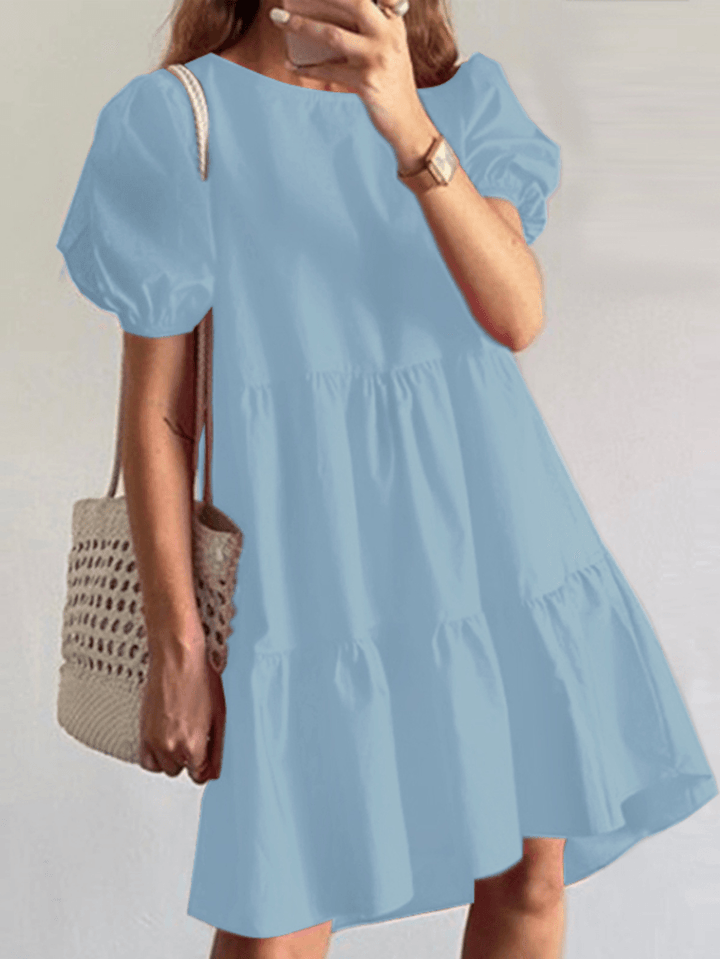Women Solid Color Tiered round Neck Stitching Casual Short Sleeve Midi Dresses - MRSLM