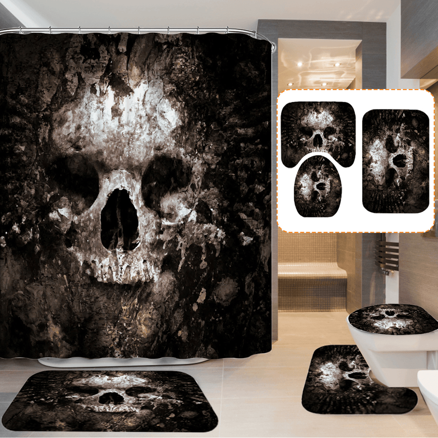 Skull Pattern Polyester Bathroom Shower Curtain Non-Slip Toilet Cover Mat Rug Set - MRSLM