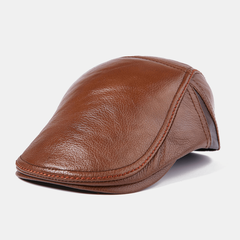 Mens Winter Warm Adjustable Genuine Leather Beret Caps Windproof Outdoor Top Layer Leather Trucker Caps Hats - MRSLM