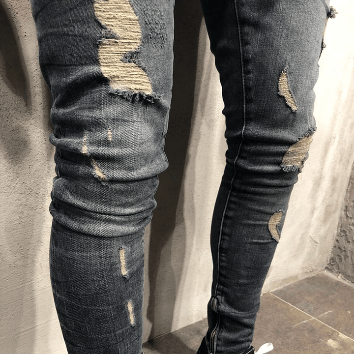 Mens Spring Autumn Denim Pants Holes Slim Fashion Jeans - MRSLM