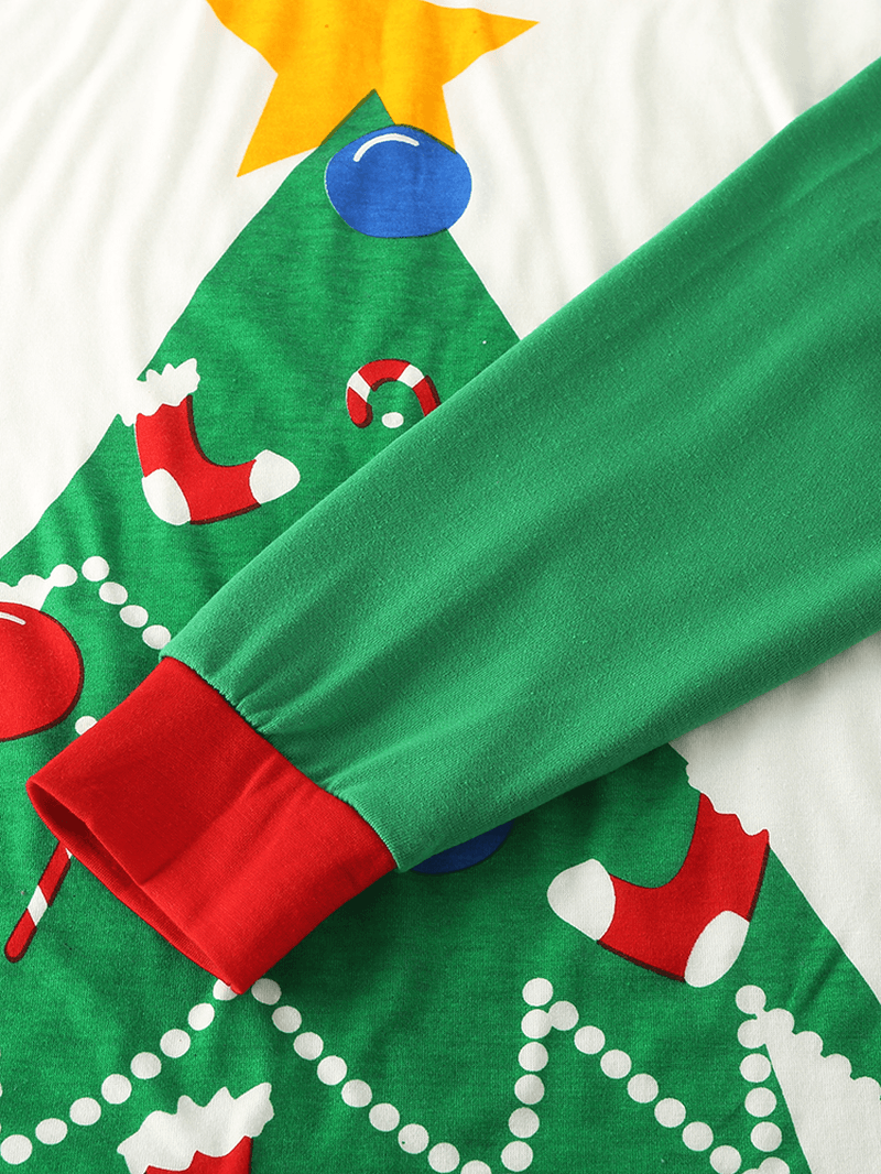 Women Cartoon Christmas Tree Print Raglan Sleeves Sweatshirts Elastic Waist Jogger Pants Home Pajama Set - MRSLM