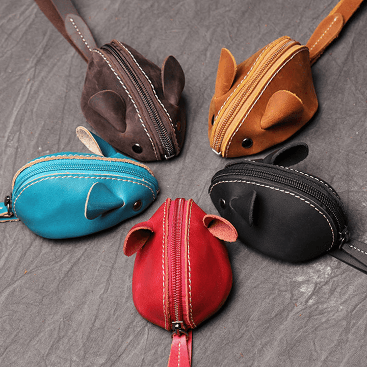 Genuine Leather Solid Cute Cartoon Mouse Look Multifunction Hand Carry Key Coin Bag Storage Bag - MRSLM