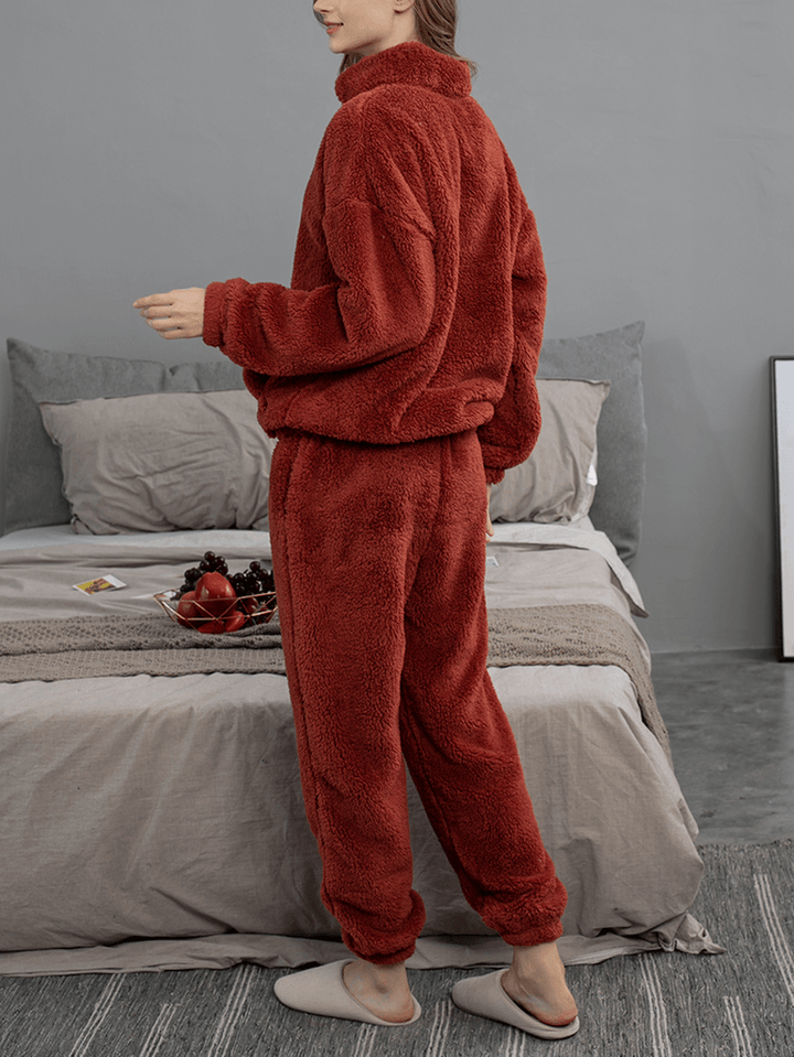 Women Solid Color Plush Fluffy Kangaroo Pocket Pullover Jogger Pants Home Pajama Set - MRSLM