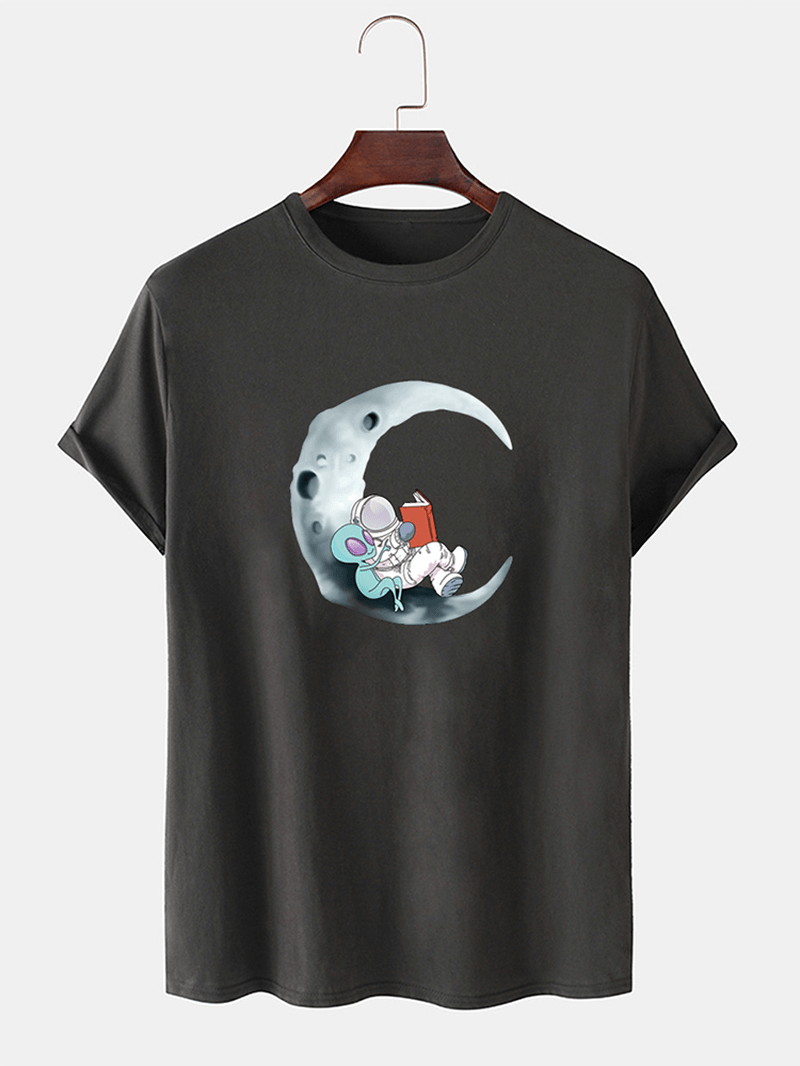 Mens 100% Cotton Moon Astronaut Print Short Sleeve Casual T-Shirts - MRSLM