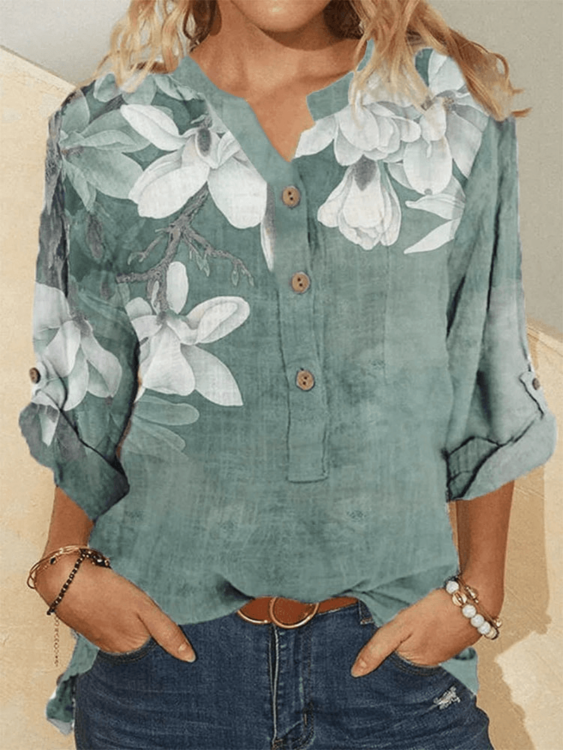 Women Cotton Floral Embroidery Casual Stand Collar Shirt - MRSLM