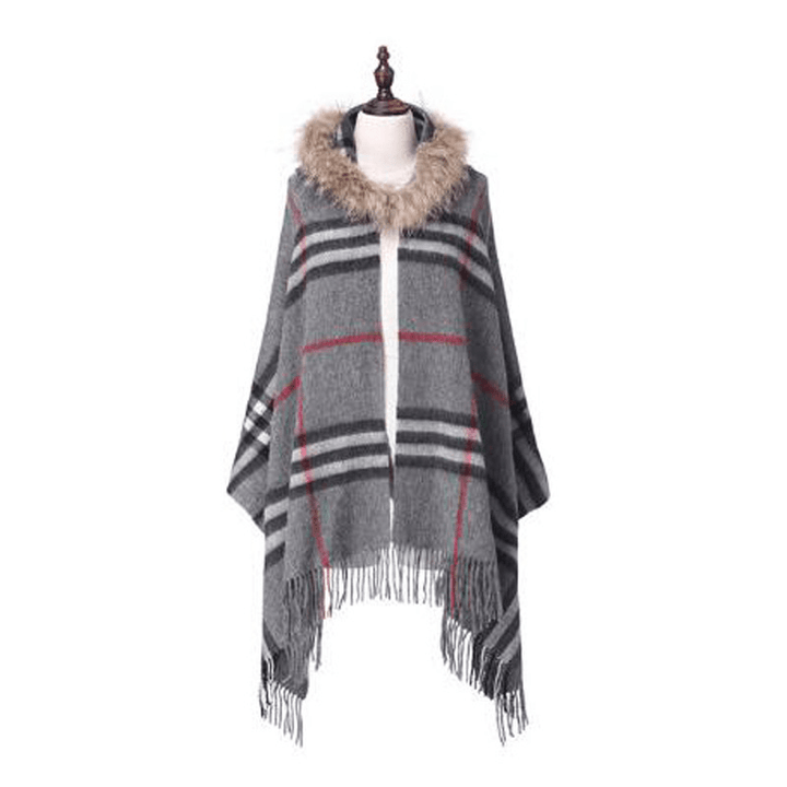 Women'S Shawl Raccoon Fur Collar Wool Plaid Scarf - MRSLM