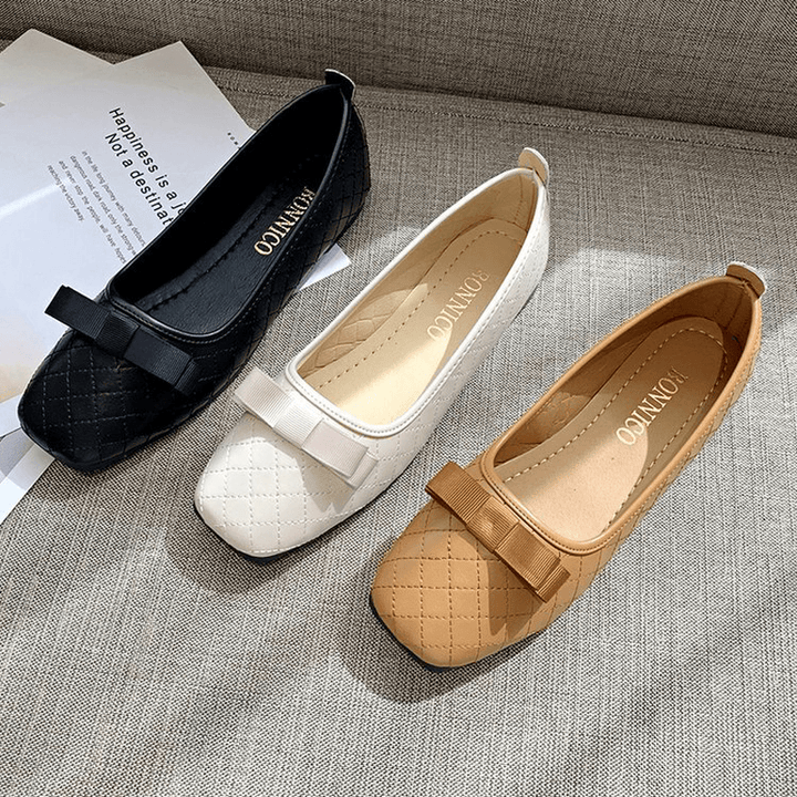 Women Bow Decor Comfy Square Toe Soft Sole Casual Slip on Loafers - MRSLM